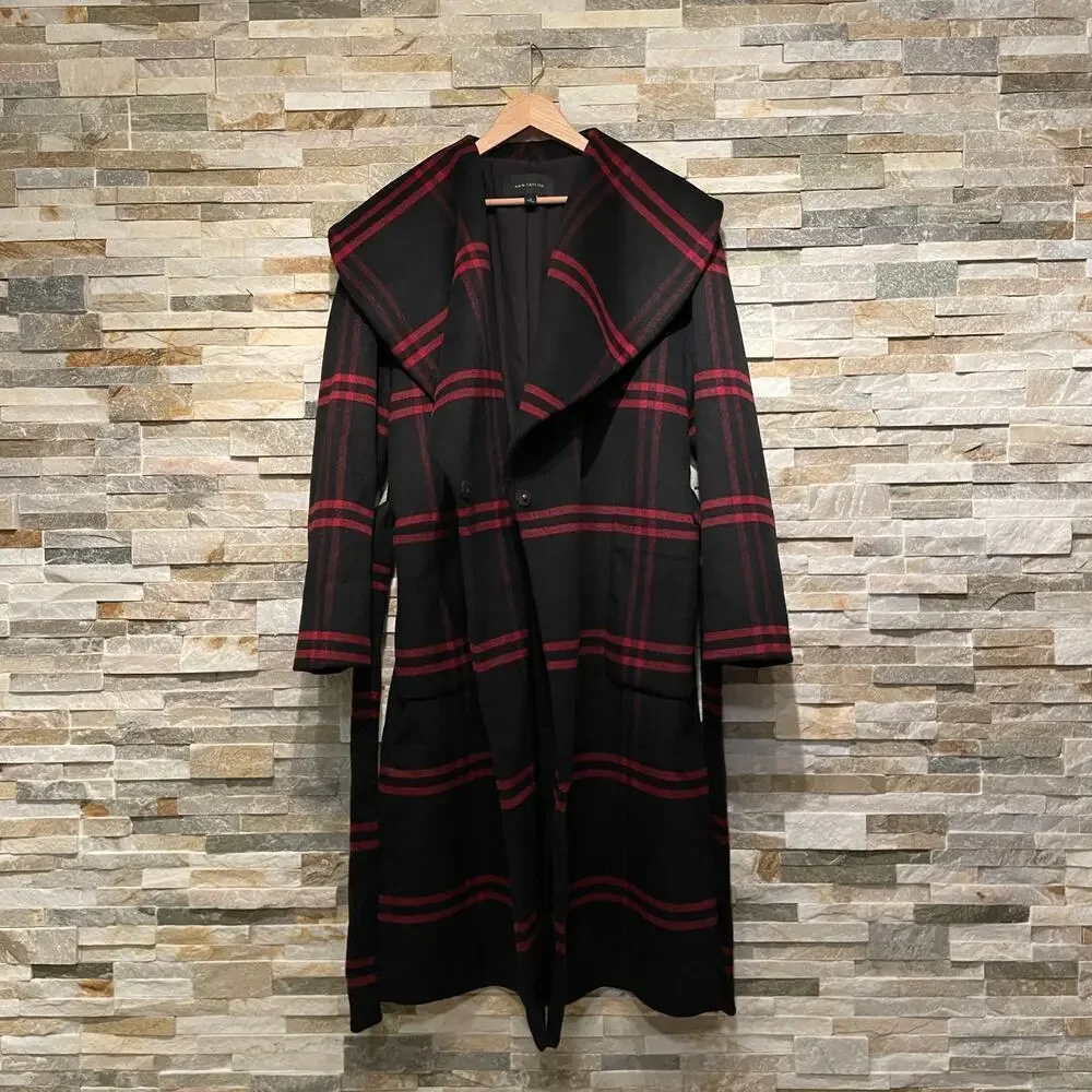 Ann Taylor Wool Blend Plaid Long Coat | Double Breasted Black Gray Red NWOT $300